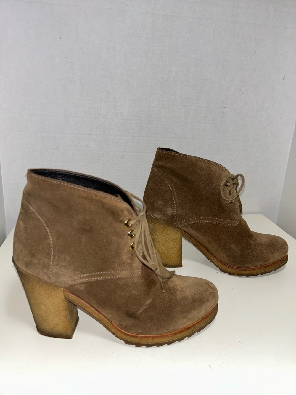 Prada Linea Rossa Tan Suede Lace-Up Heel Ankle Boot Bootie